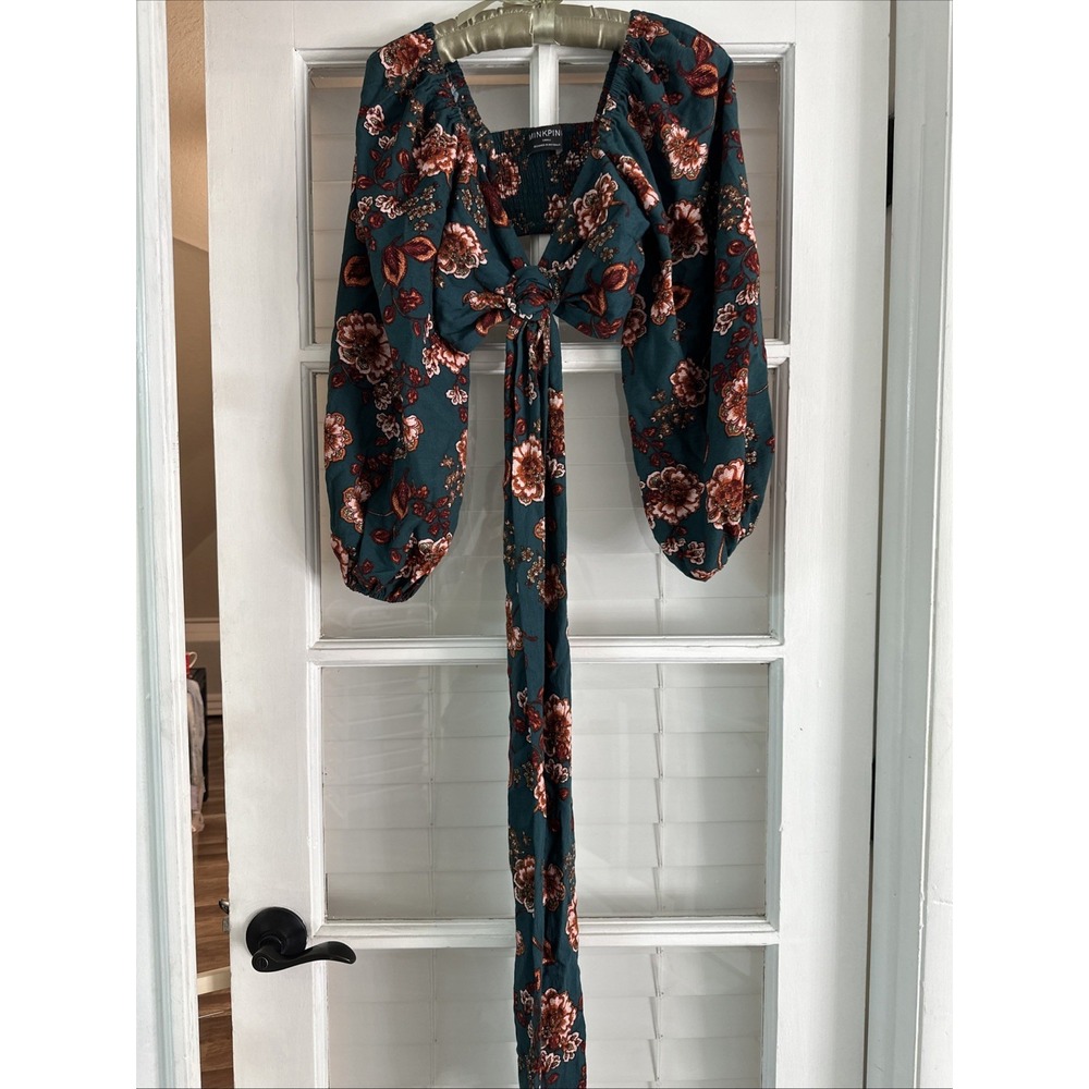 Anthro Mink Pink Tie Cropped Blouse Sz S Floral Boho Pirate Wrap Midi Teal Pink